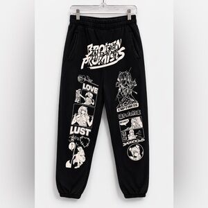 Broken Promises Graphic Anime Sweatpants Black Joggers Size Large Waifu Love